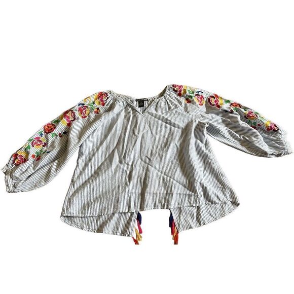 New Chelsea & Theodore Blue Chambray Stripe Embroidered White Top linen blend Wo - Picture 4 of 11